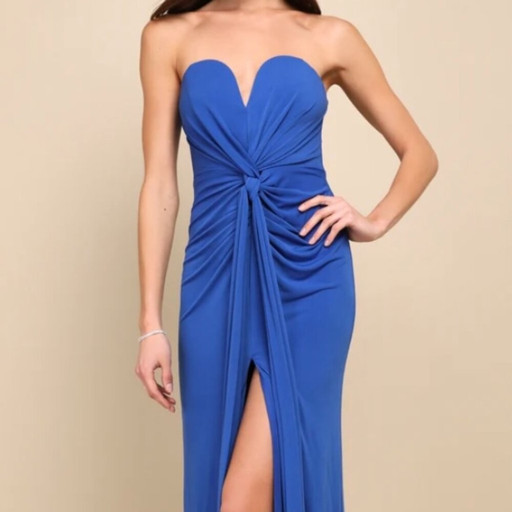Lulus Gorgeous Blue Knotted Strapless Maxi Dress Small